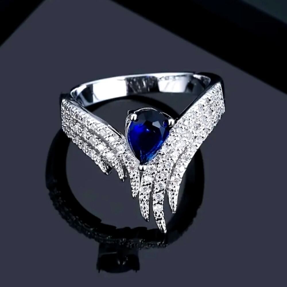 Wing Angel Ring  with Inlaid Zircon Blue and Diamond Silver Plated